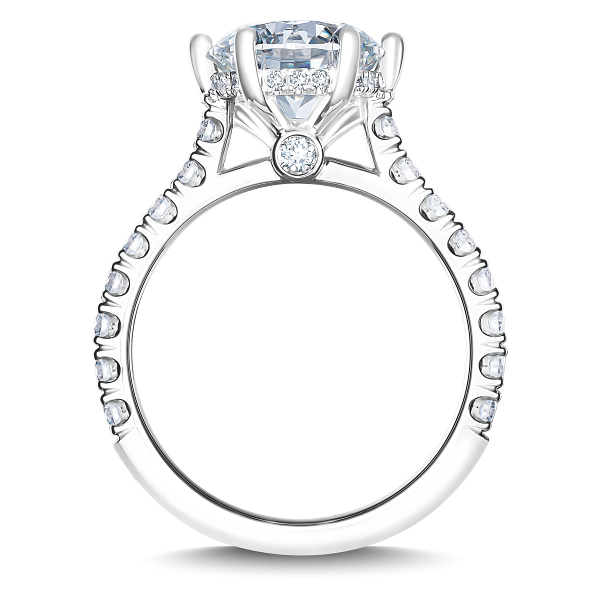 A detailed image of the Raffi&Co.® 14K White Gold Round Brilliant Hidden Halo Diamond Engagement Ring, showcasing a prominent round brilliant diamond set in a prong setting. The band, crafted in 14K white gold, is embellished with smaller diamonds that enhance its intricate design and sparkling appearance.