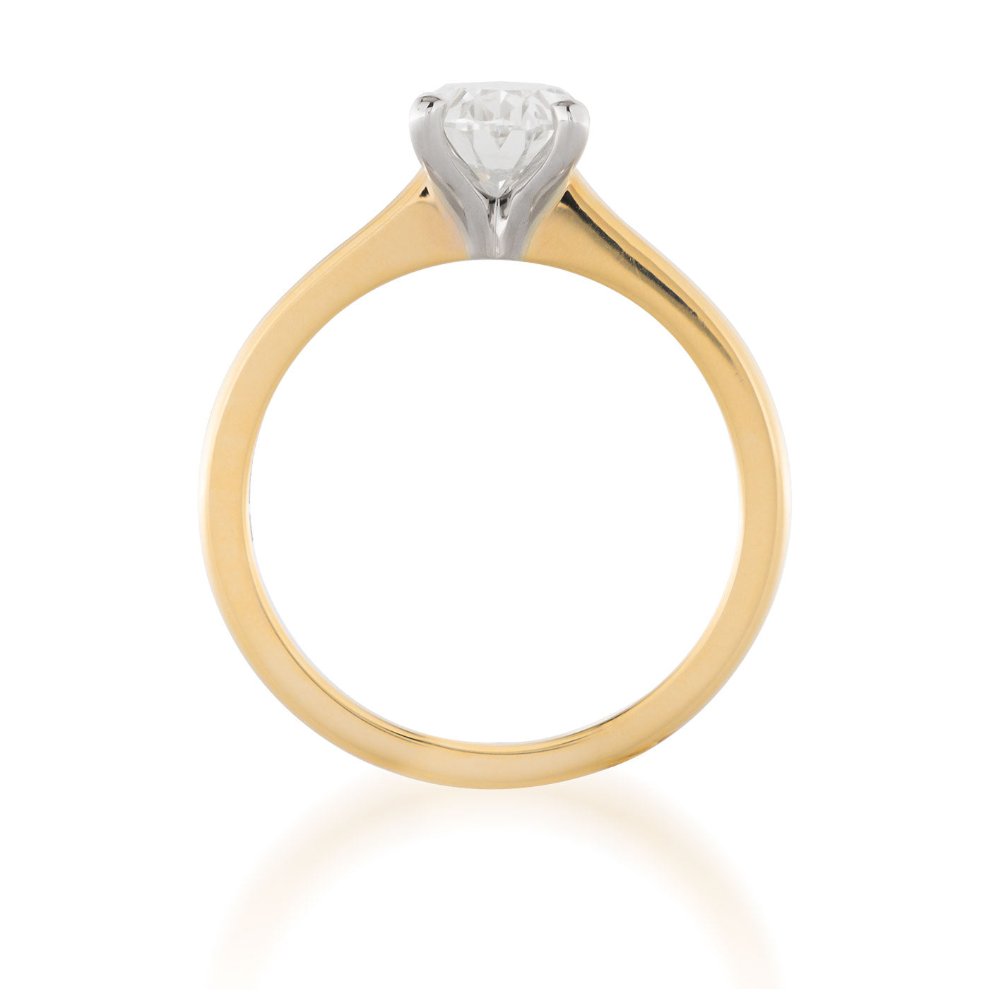 The Raffi&Co.® 14K Yellow Gold Oval Solitaire Diamond Engagement Ring showcases an oval solitaire diamond set in a prong setting that enhances the stone's brilliance. Presented upright against a white background, this piece radiates elegance and sophistication.