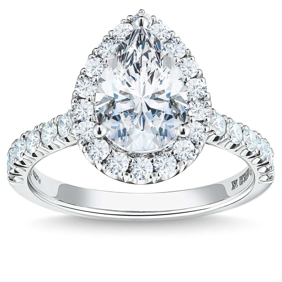 The Raffi&Co.® 14K White Gold Pear Halo Diamond Engagement Ring features a breathtaking pear-shaped diamond encircled by a halo of smaller round diamonds. The elegant silver band is embellished with additional small diamonds extending halfway down, resulting in an exquisite and sophisticated design suitable for any occasion. GIA certified.