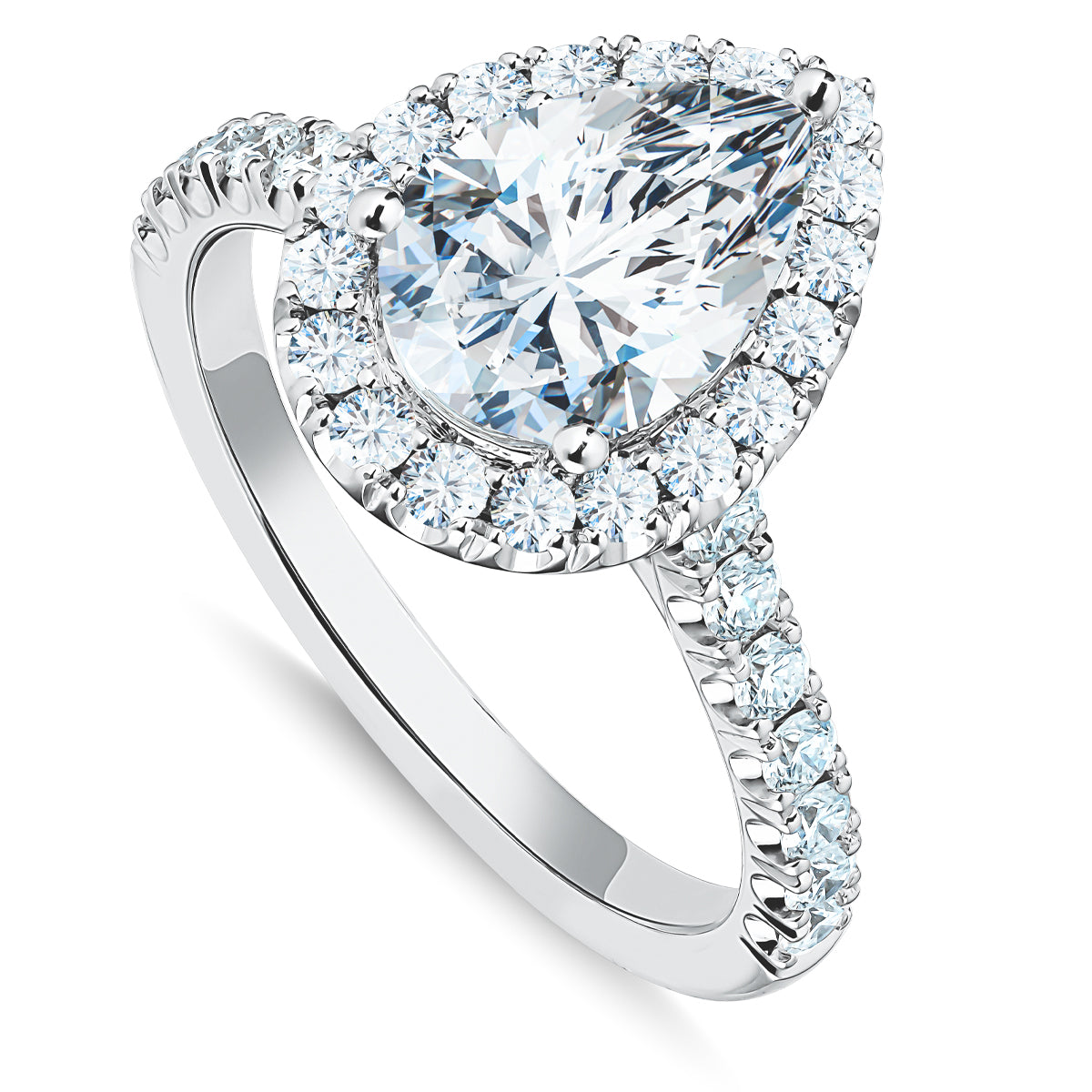 This exquisite Raffi&Co.® 14K White Gold Pear Halo Diamond Engagement Ring showcases a dazzling GIA certified center stone encircled by a halo of smaller diamonds. The band, available in 14K white gold or platinum, is adorned with additional diamonds for an enchanting brilliance.