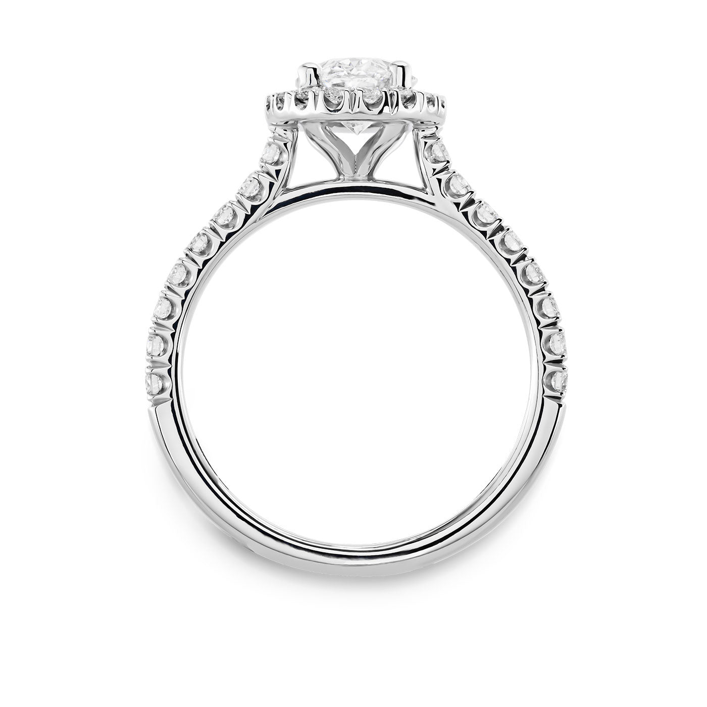 The Raffi&Co.® Oval with Round Brilliant Halo Diamond Engagement Ring showcases a central round diamond in a raised setting, surrounded by an oval halo of smaller diamonds along the 14K white gold band, highlighting the intricate details and exuding timeless sophistication.