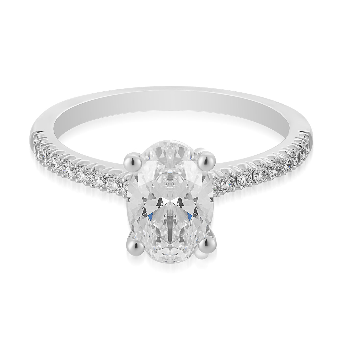 The Raffi&Co.® 14K White Gold Oval Solitaire Diamond Engagement Ring is a breathtaking piece, featuring an oval solitaire diamond at its center and adorned with smaller diamonds along the band, all set against a pristine white background.