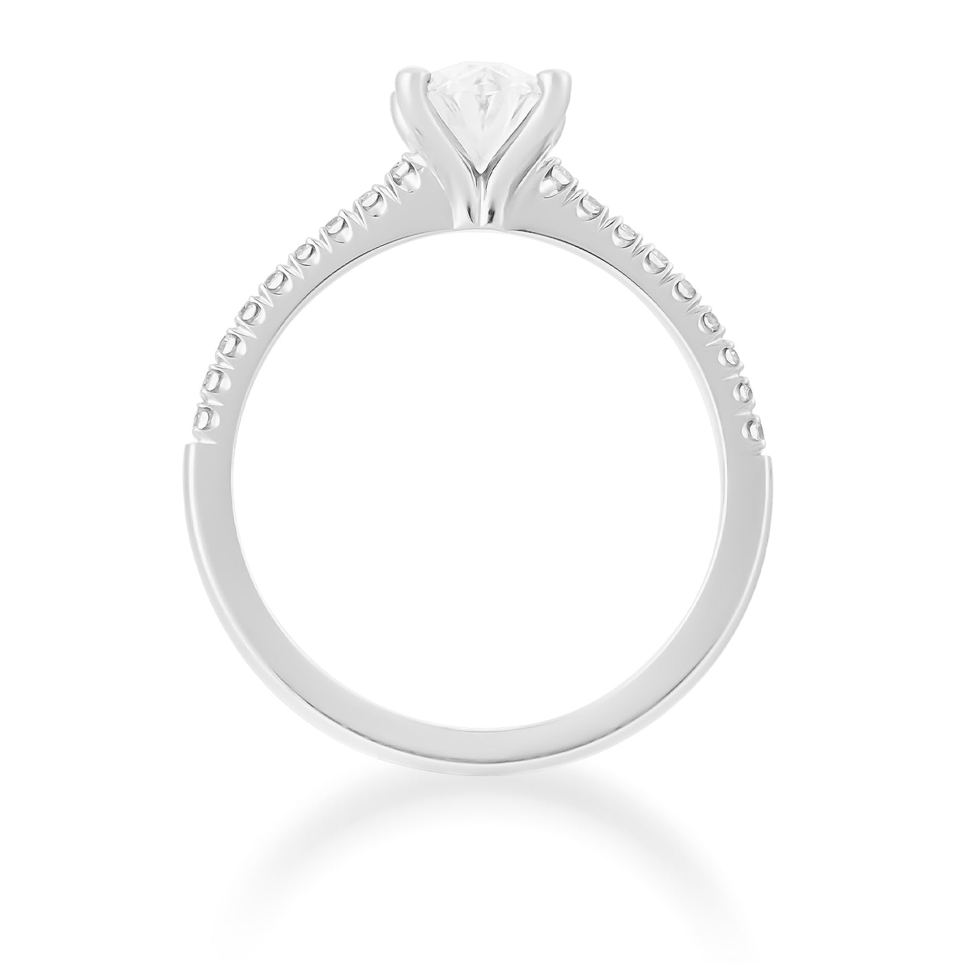 Side view of the Raffi&Co.® 14K White Gold Oval Solitaire Diamond Engagement Ring, showcasing an oval-cut diamond solitaire in a prong setting. The band sparkles with small stones on the upper half, set against a pristine white background.