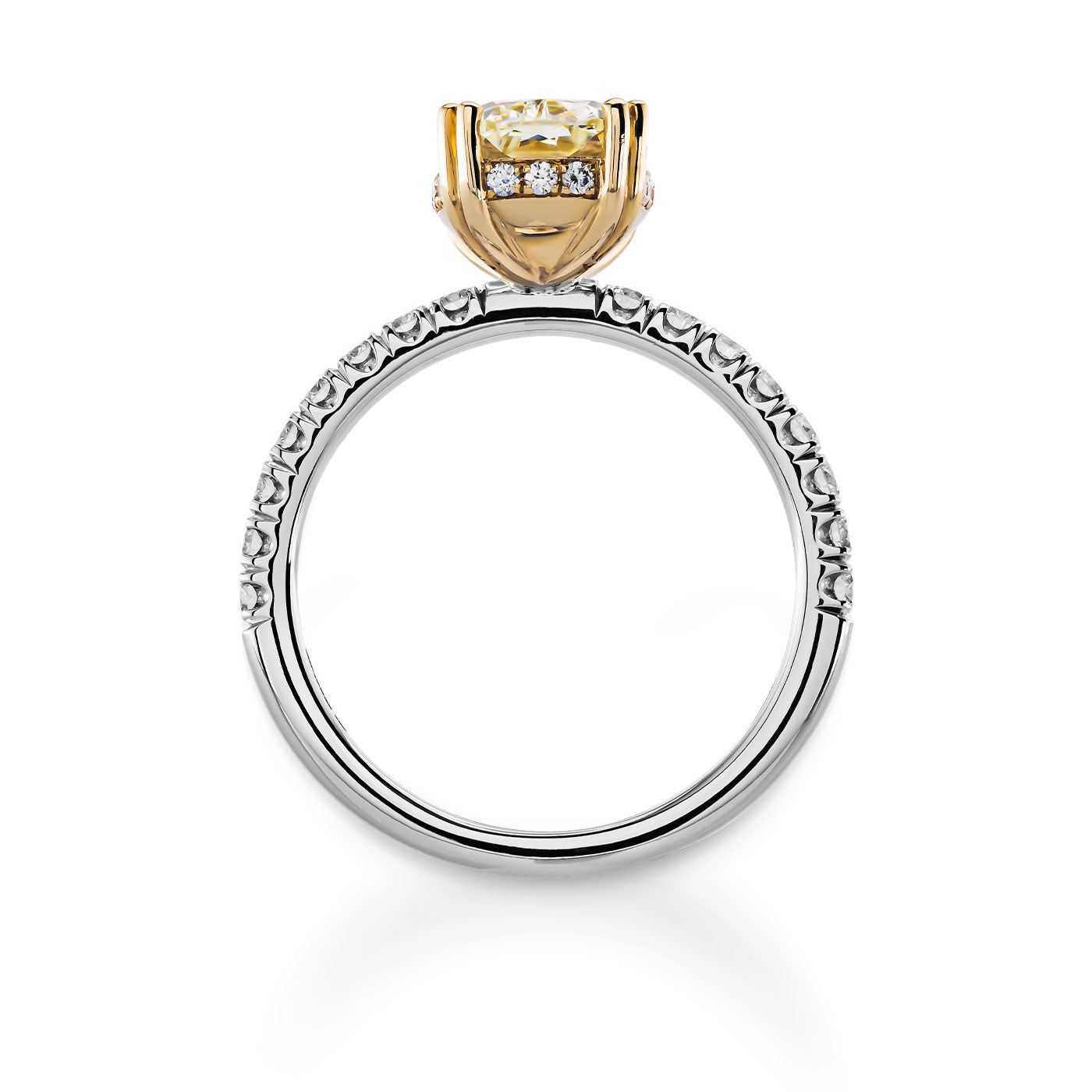 This exquisite Raffi&Co.® engagement ring features a hidden halo cushion design, showcasing a prominent central diamond in a 14K yellow gold setting accentuated by smaller diamonds. The contrasting white gold band enhances the intricate details beautifully.