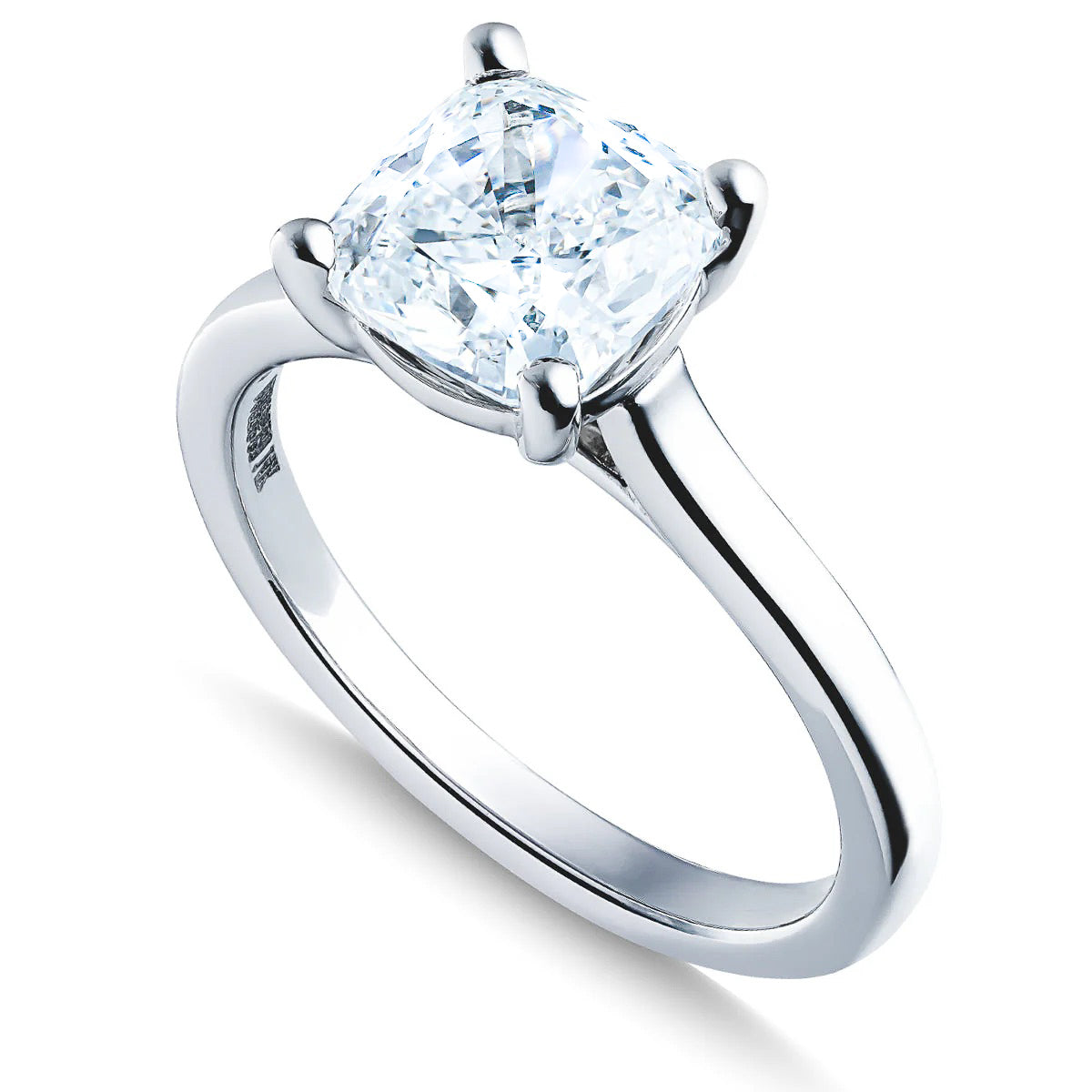 The Raffi&Co.® 14K White Gold Cushion Diamond Solitaire Engagement Ring features a cushion-cut diamond in a four-prong setting, shown on a white background.