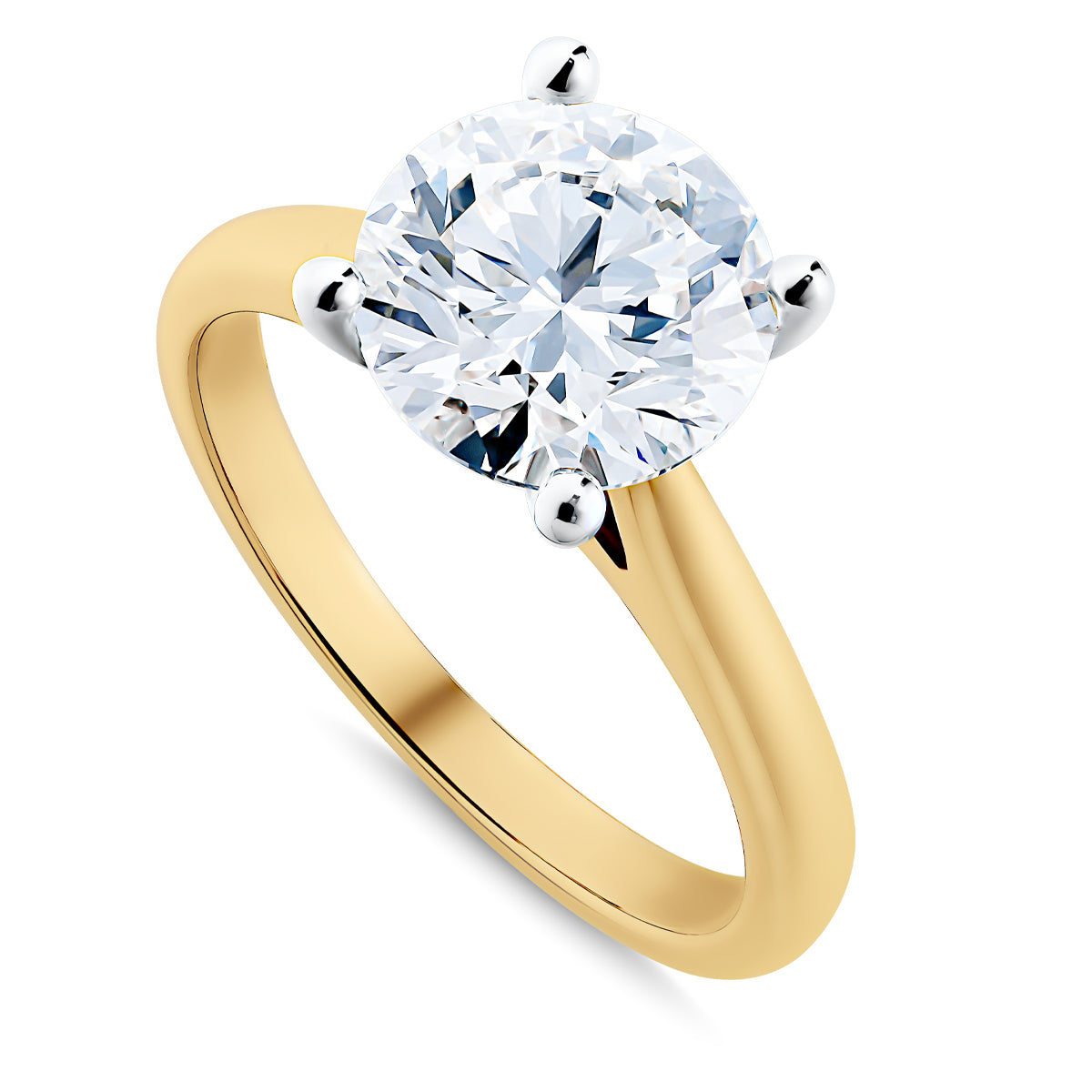 Introducing the Raffi&Co.® Signature 18K Yellow Gold Round Brilliant Solitaire Diamond Engagement Ring, showcasing a stunning 2.25 carat round brilliant diamond in a four-prong setting paired with an elegant yellow gold band.