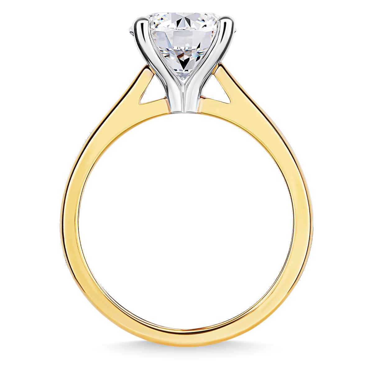 Presenting the Raffi&Co.® Signature 18K Yellow Gold Round Brilliant Solitaire Diamond Engagement Ring, featuring a 2.25 carat round brilliant diamond set in a six-prong white metal setting. This elegant ring showcases a simple band that perfectly accentuates the dazzling central gem.