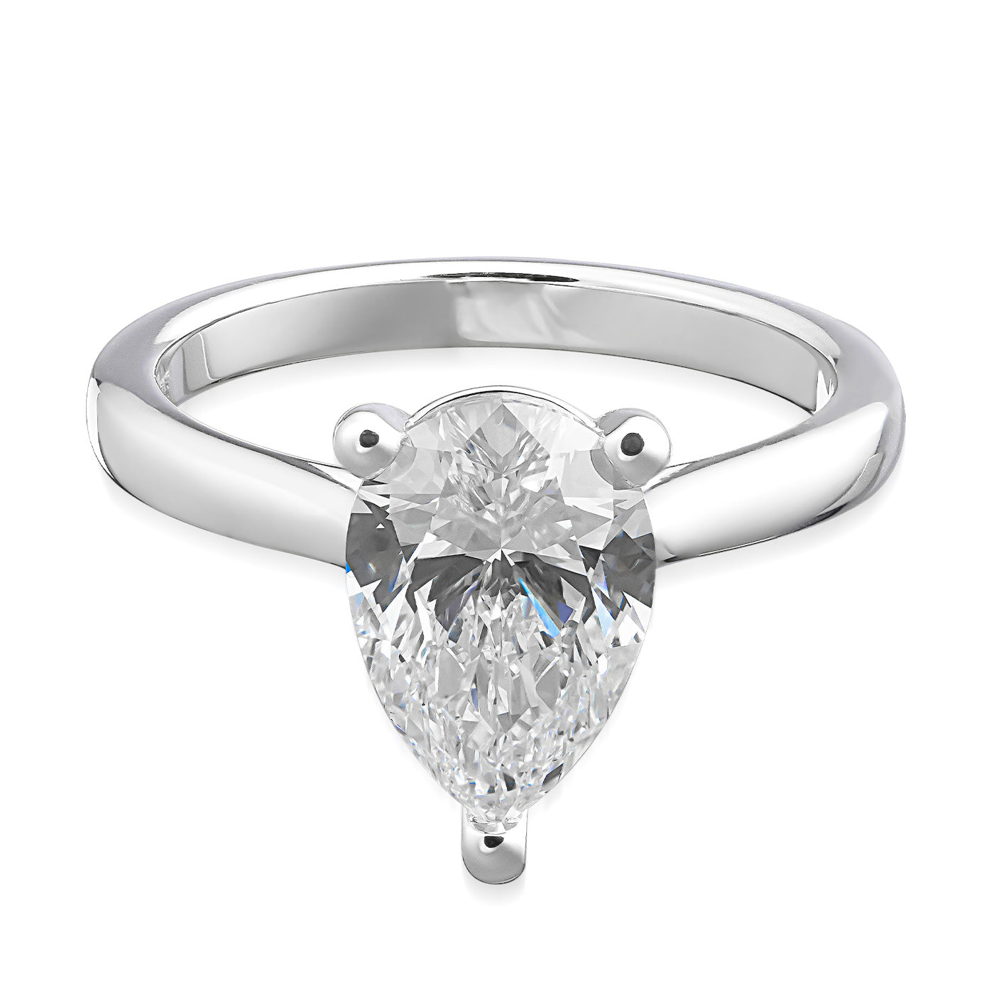 The Raffi&Co.® 14K White Gold Pear Solitaire Diamond Engagement Ring features a breathtaking pear solitaire diamond at its center, held securely by three prongs. Its sleek and polished band beautifully enhances the brilliance of the gemstone.