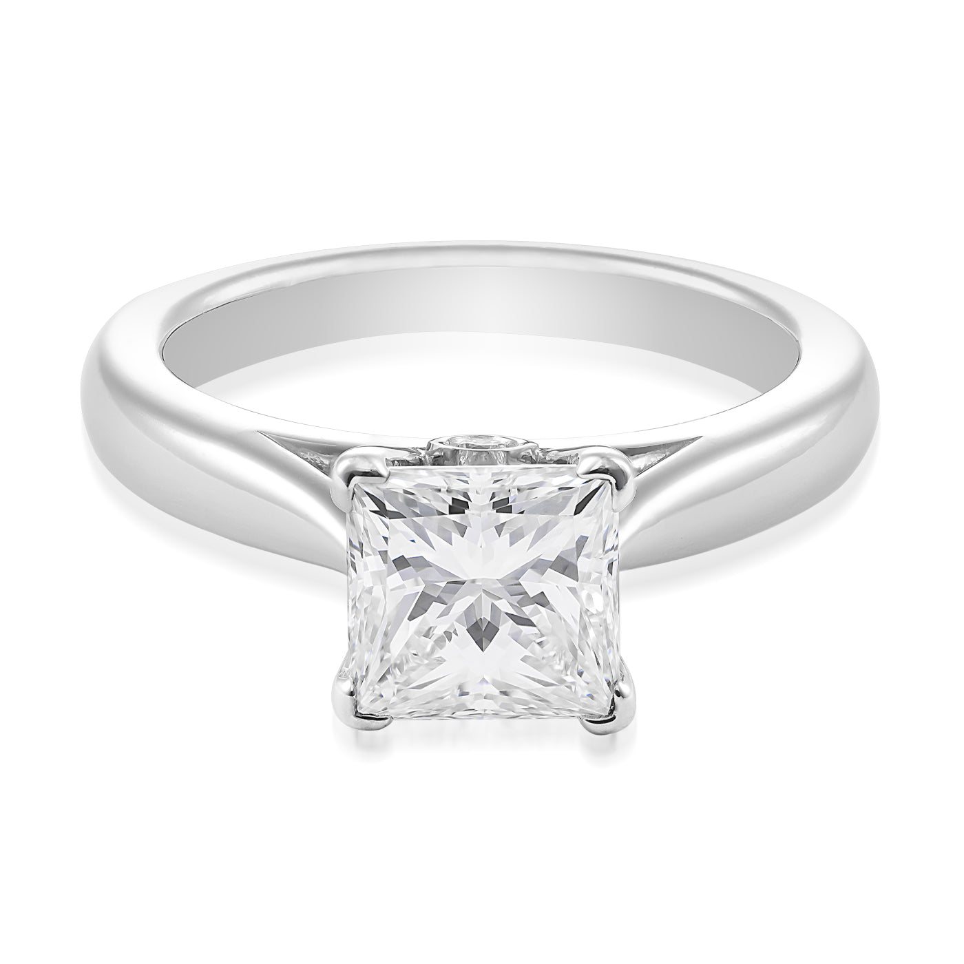 A Raffi&Co.® 14K White Gold Princess Cut Solitaire Diamond Engagement Ring featuring a prominent diamond set in a simple, elegant band.