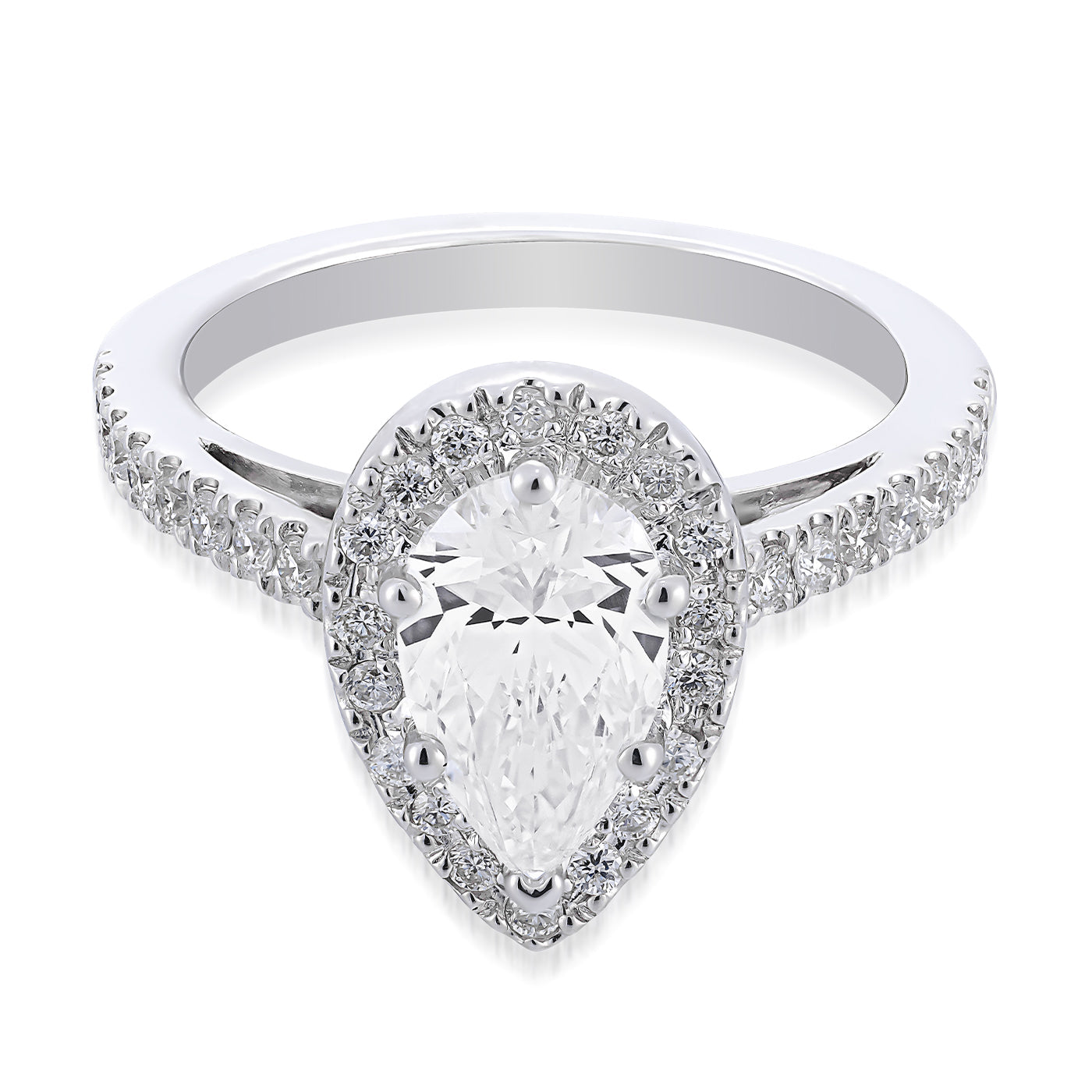 Introducing the Raffi&Co.® 14K White Gold Pear Diamond Halo Engagement Ring by Raffi&Co, featuring a pear-shaped diamond gracefully surrounded by a halo of smaller diamonds. This timeless design is crafted from 14K white gold and boasts a band embellished with delicate diamonds for an exquisite sparkle.