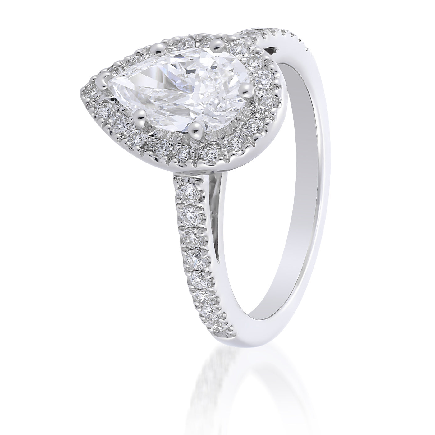 The Raffi&Co.® 14K White Gold Pear Diamond Halo Engagement Ring showcases a stunning pear diamond as its centerpiece, encircled by a halo of smaller diamonds. The band's delicate diamonds sparkle gracefully, reflecting light beautifully against a white background.