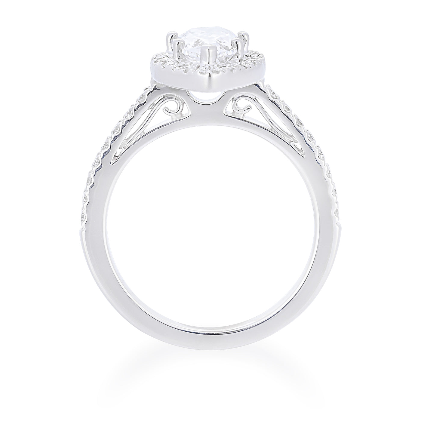 Side view of an elegant Raffi&Co.® 14K white gold engagement ring showcasing an ornately detailed band and a stunning pear-cut diamond surrounded by a halo, set in a prong setting on top.