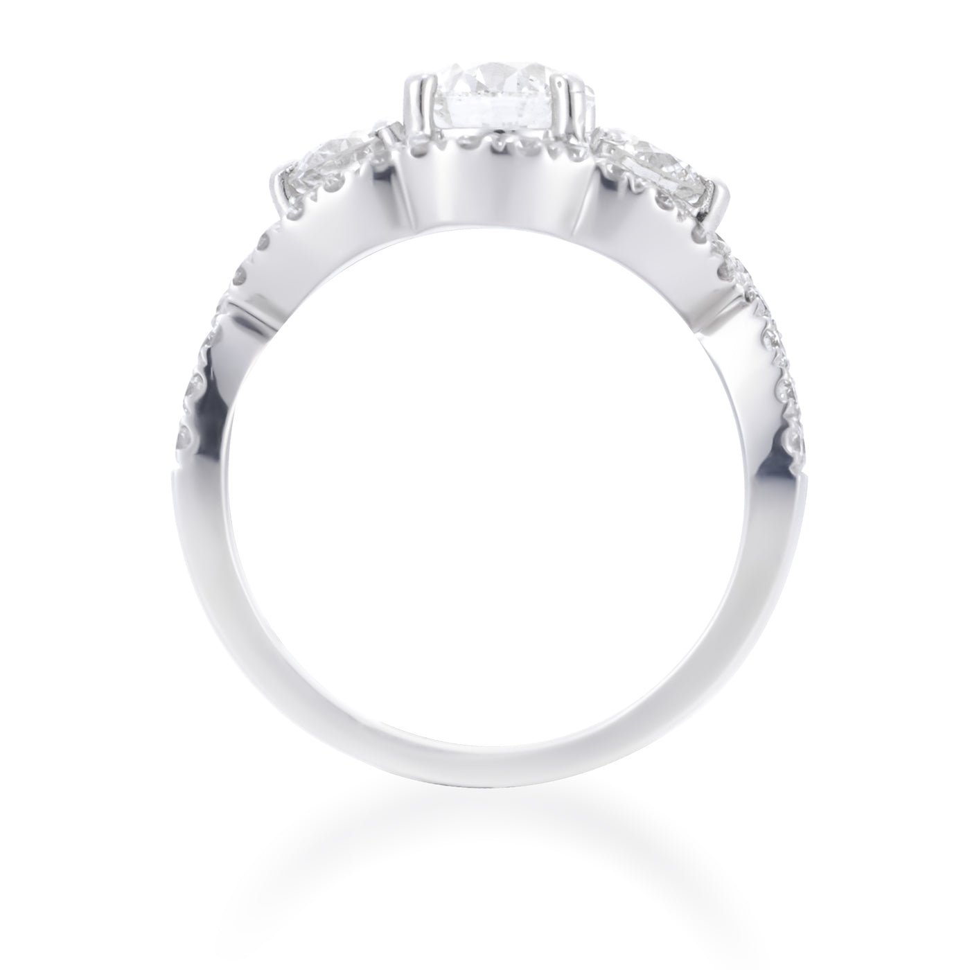 Side view of the Raffi&Co 14K White Gold Round Brilliant Three Stone Halo Diamond Engagement Ring, showcasing a prominent round brilliant diamond accompanied by two smaller diamonds. The sleek band features a polished finish, creating an elegant three-stone design.