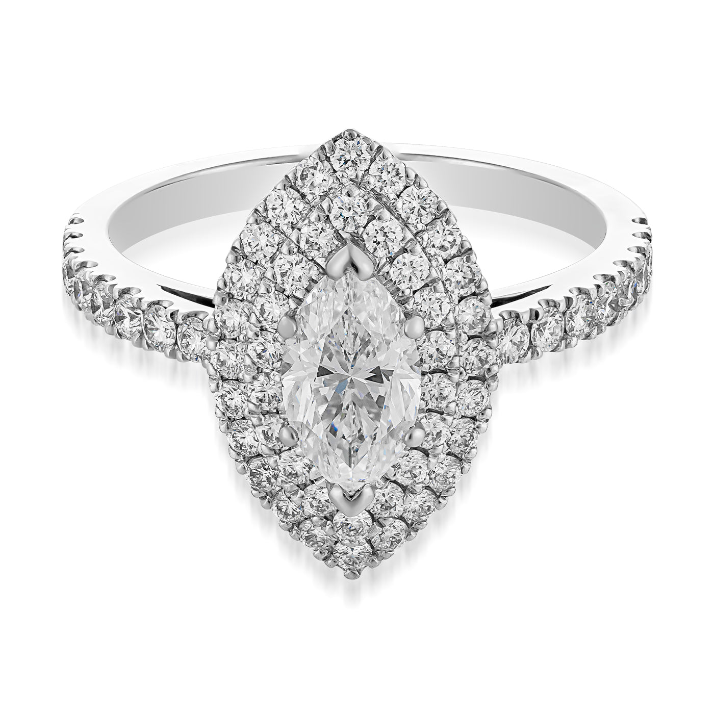 The Raffi&Co.® 14K White Gold Marquise Halo Diamond Engagement Ring showcases a stunning marquise-cut diamond, beautifully surrounded by a double halo of sparkling round diamonds. The band, crafted from 14K white gold, is embellished with additional diamonds to enhance its brilliance and elegance, making it an ideal choice for your eternal commitment.