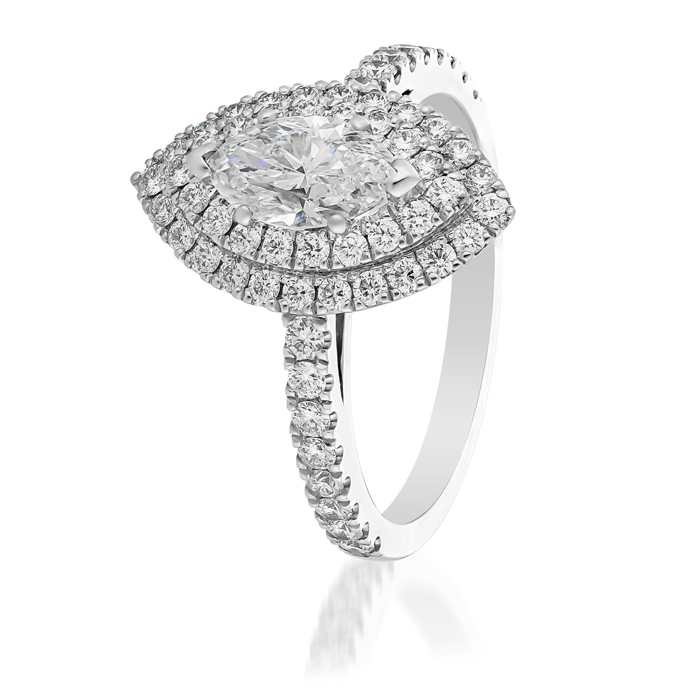 Introducing the Raffi&Co.® 14K White Gold Marquise Halo Diamond Engagement Ring by Raffi&Co, a luxurious piece crafted in white gold featuring an oval-shaped center stone accentuated by two marquise halo diamonds. The band is adorned with additional diamonds, giving it an elegant and sparkling appearance.