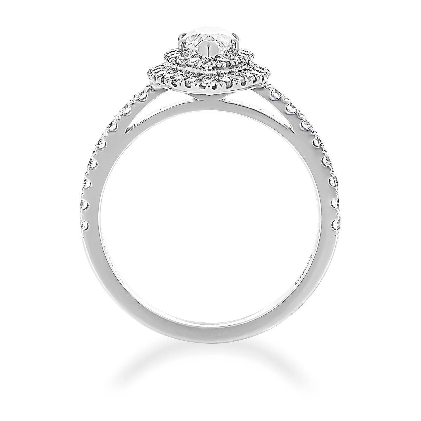 The Raffi&Co.® 14K White Gold Marquise Halo Diamond Engagement Ring features a stunning design with a marquise-shaped diamond centerpiece, enhanced by smaller diamonds forming a halo on the band. Crafted from luxurious 14K white gold, the ring exhibits intricate detailing that elevates its elegance, presented beautifully against a white background.