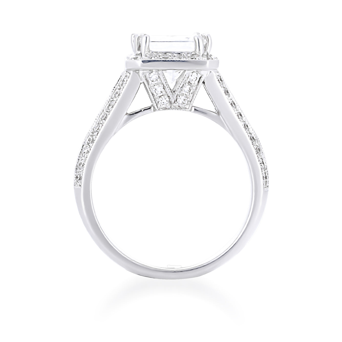 Introducing the Raffi&Co.® 14K White Gold Princess Cut Halo Diamond Engagement Ring, featuring a breathtaking princess-cut central diamond. This exquisite piece from Raffi&Co is crafted in 14K white gold, with the band elegantly adorned with smaller diamonds to enhance its sparkle and sophistication.