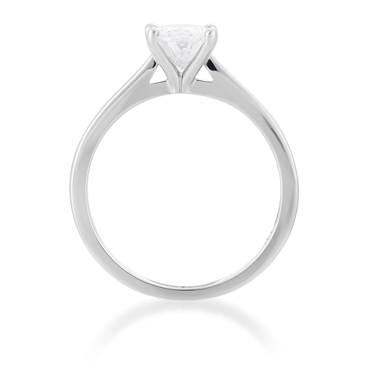 A close-up image of the Raffi&Co.® 14K White Gold Oval Solitaire Engagement Ring highlights its sleek, polished band. The ring features a lab diamond set in a classic prong setting, showcasing its brilliance and clarity against a white background.