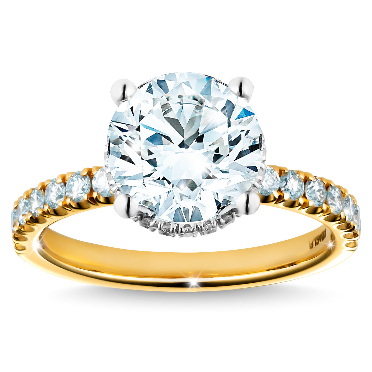 The Raffi&Co.® 14K Yellow Gold Round Brilliant Solitaire Lab Diamond Engagement Ring features a large, round diamond in a prong setting with smaller diamonds on the band. This ring offers various sizes and prices for different preferences, with its brilliance highlighted against a white background.