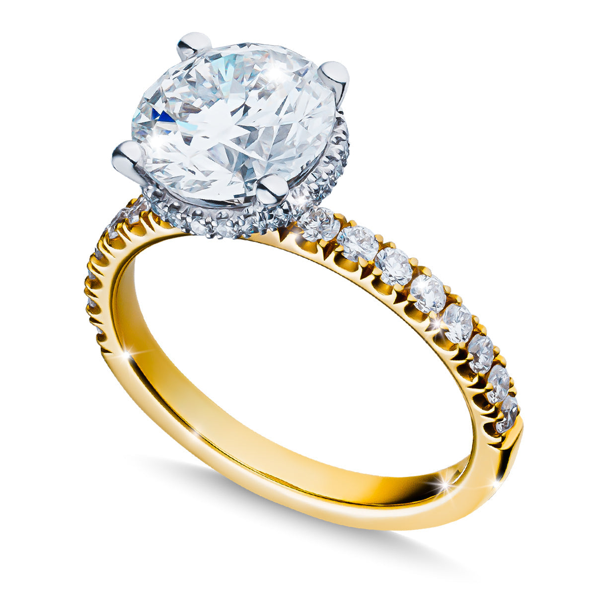 The Raffi&Co.® 14K Yellow Gold Round Brilliant Solitaire Lab Diamond Engagement Ring features a large round diamond in a prong setting, enhanced by smaller diamonds on the band for an elegant look. Size options and pricing vary to match your preferences.