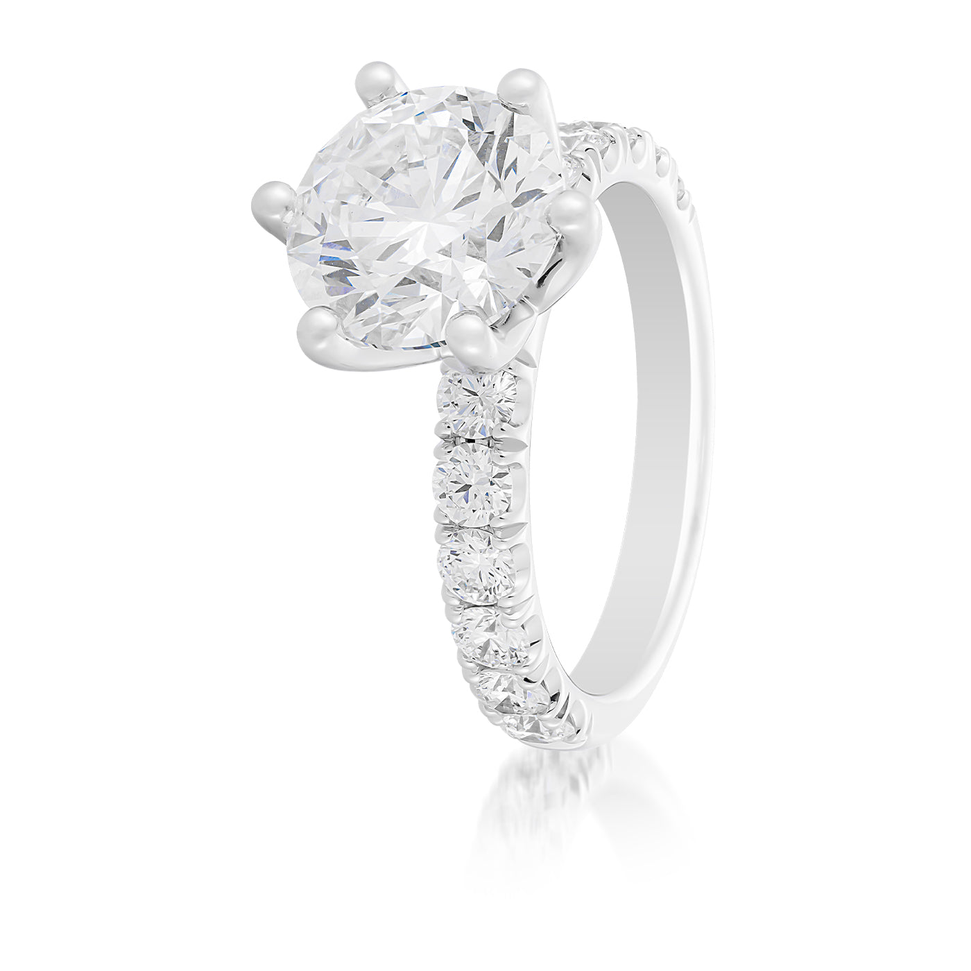 The Raffi&Co.® 14K White Gold Round Brilliant Solitaire Lab Diamond Engagement Ring, an exquisite piece by Raffi&Co, showcases a lab diamond as its centerpiece, accented by smaller diamonds along the band, and is beautifully presented against a clean white background.