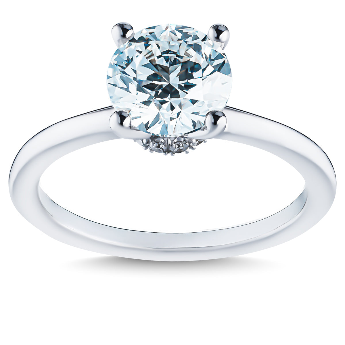 The Raffi&Co.® 14K White Gold Round Brilliant Lab Diamond Hidden Halo Engagement Ring features a stunning round-cut diamond prominently set in prongs on a sleek and elegant band. Displayed against a white background, it highlights the captivating sparkle of the gemstone and the ring's refined design.