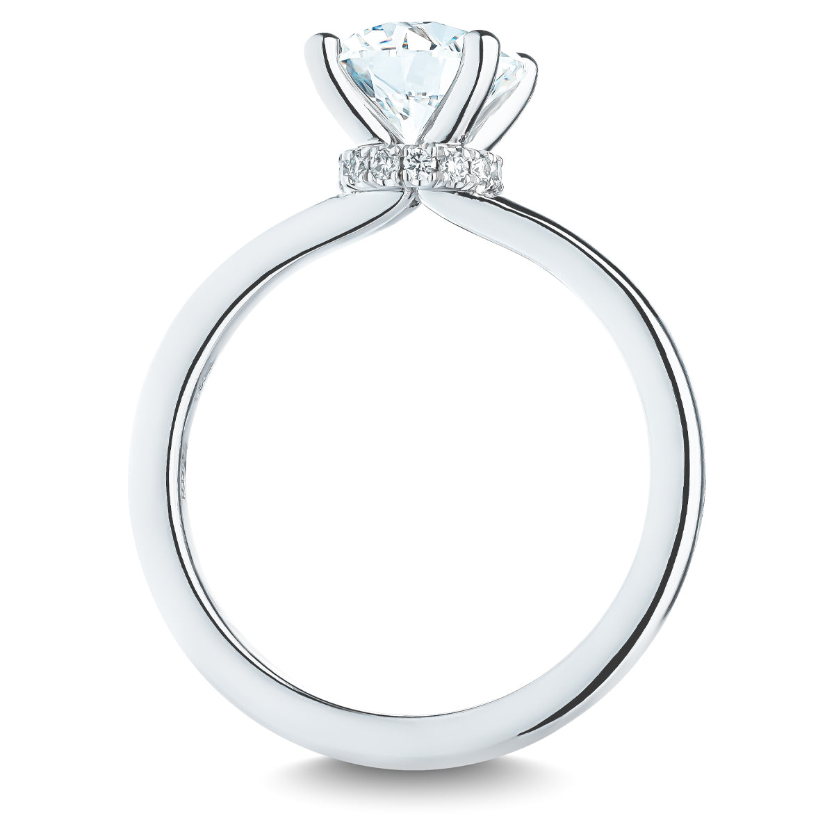 The Raffi&Co.® 14K White Gold Round Brilliant Lab Diamond Hidden Halo Engagement Ring, featuring a heart-shaped diamond centerpiece with small circular diamonds embedded around the setting, is displayed on a white background.