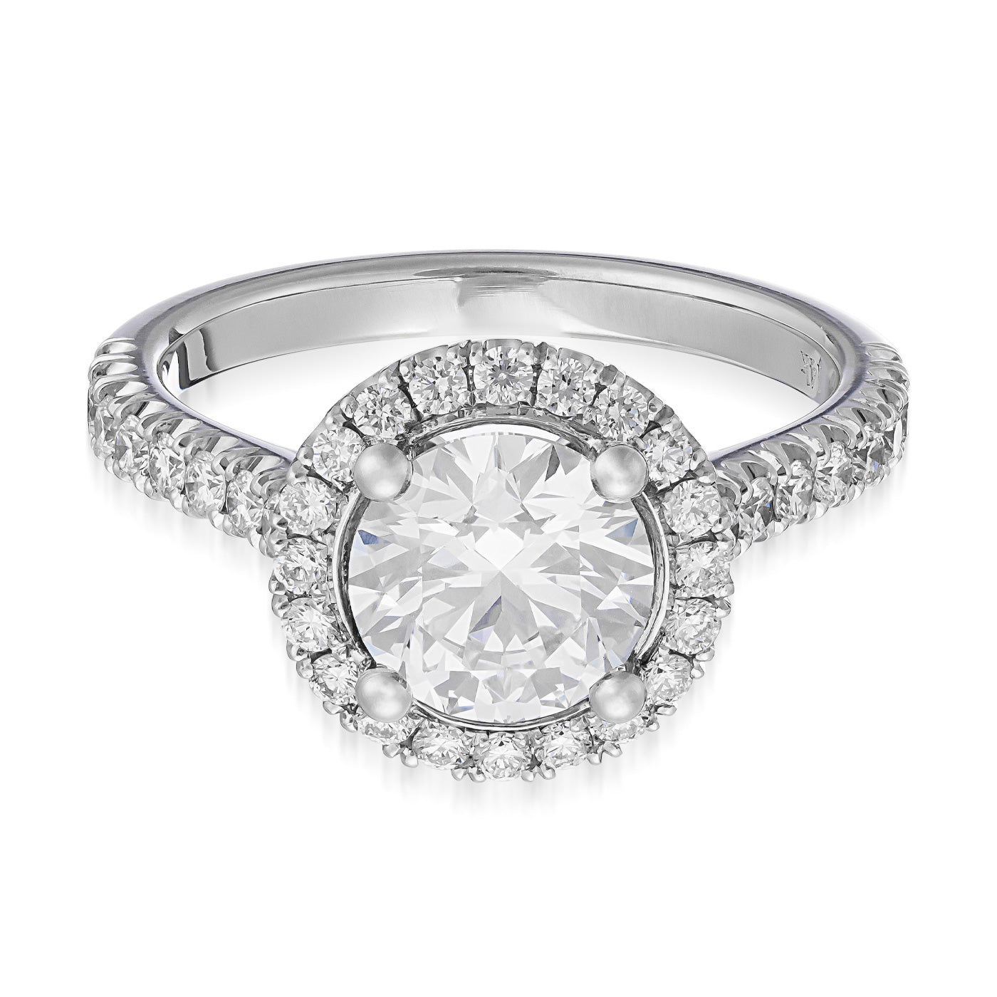 The Raffi&Co.® 14K White Gold Round Brilliant Halo Lab Centre Diamond with Mined Accent Diamond Engagement Ring showcases a stunning round lab-created diamond at its center, surrounded by a radiant halo of smaller diamonds. The 14K white gold band is embellished with additional diamonds, presenting a dazzling and refined look.