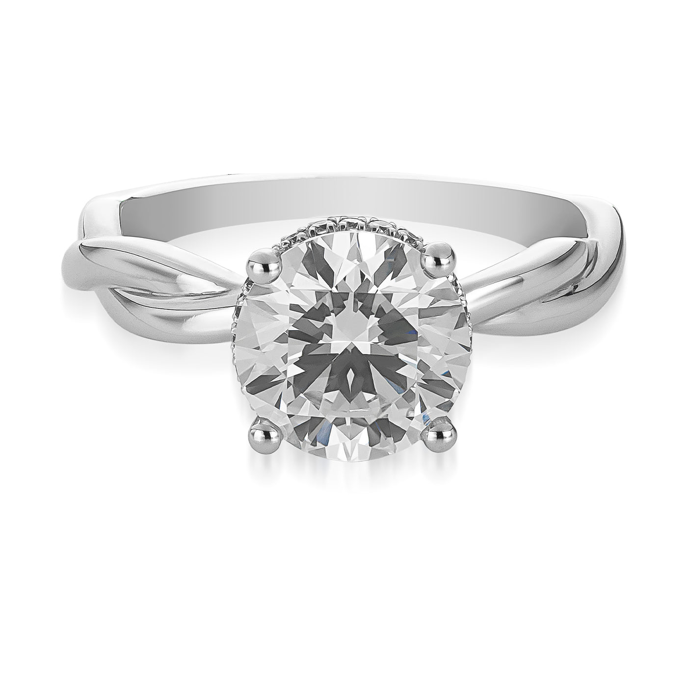 The Raffi&Co.® 14K White Gold Round Brilliant Hidden Halo Lab Diamond Engagement Ring showcases a silver band with an enchanting twisted design. This exquisite piece features a round-cut diamond in a prong setting, elegantly positioned above a hidden halo, making it both timeless and captivating.