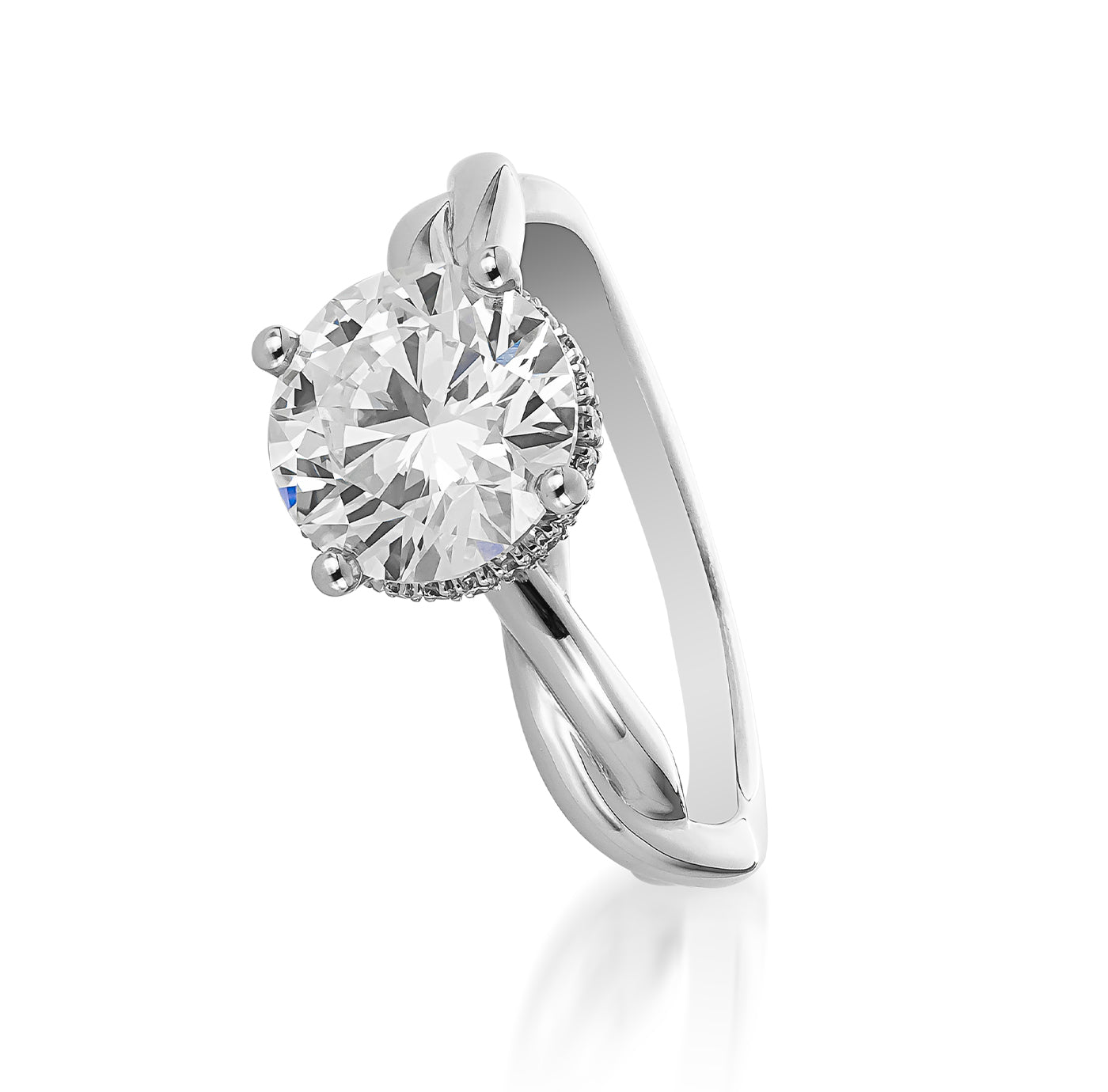 The Raffi&Co® 14K White Gold Round Brilliant Hidden Halo Lab Diamond Engagement Ring features a dazzling lab-created diamond set in prongs, highlighted by an elegant twisted band. The hidden halo design subtly enhances the brilliance of the prominent round diamond against a simple white backdrop.