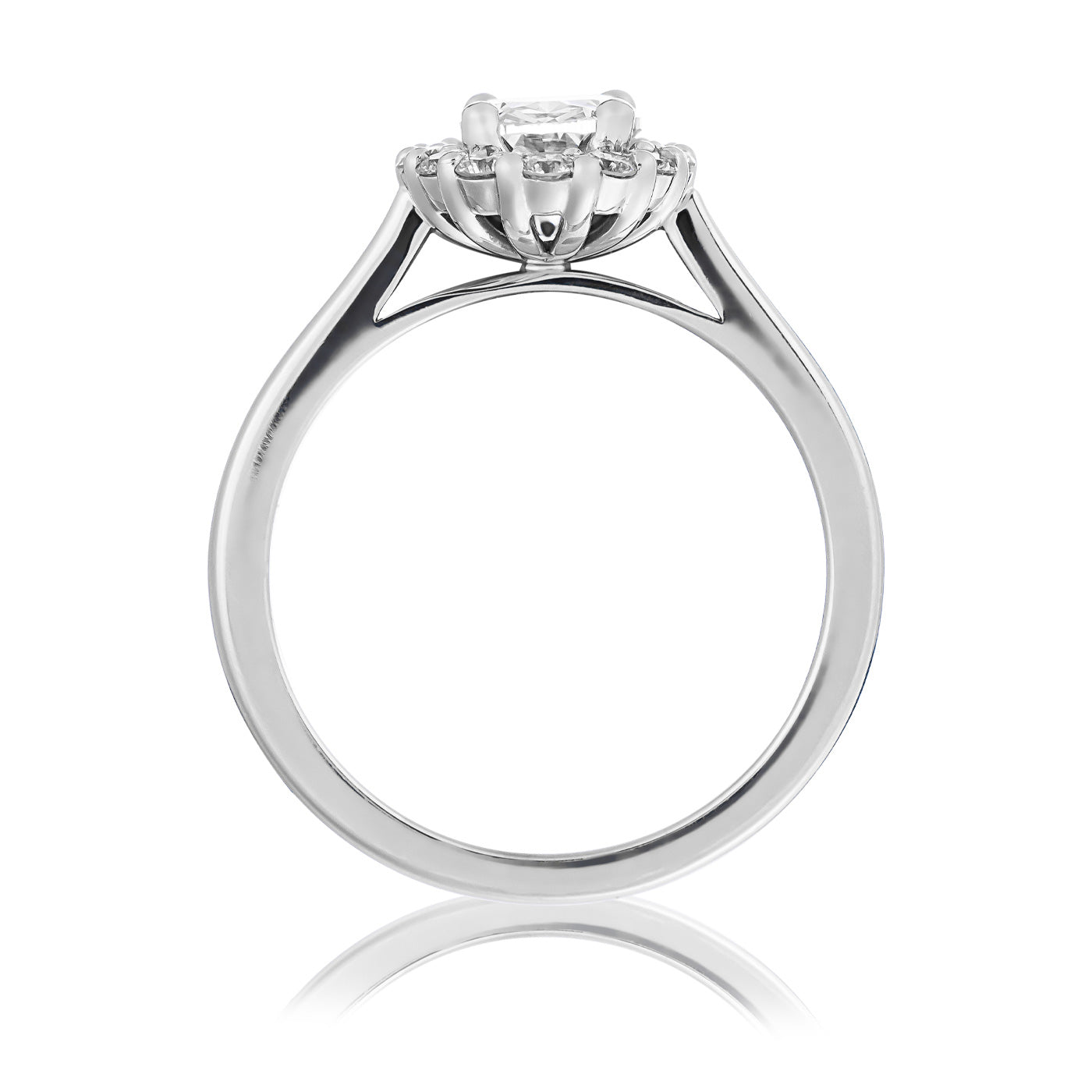 A close-up side view of the Raffi&Co.® 14K White Gold Oval Halo Lab Diamond Engagement Ring showcases its elegant prong design in a cathedral setting. The ring is beautifully displayed against a plain white background, emphasizing its reflective surface.