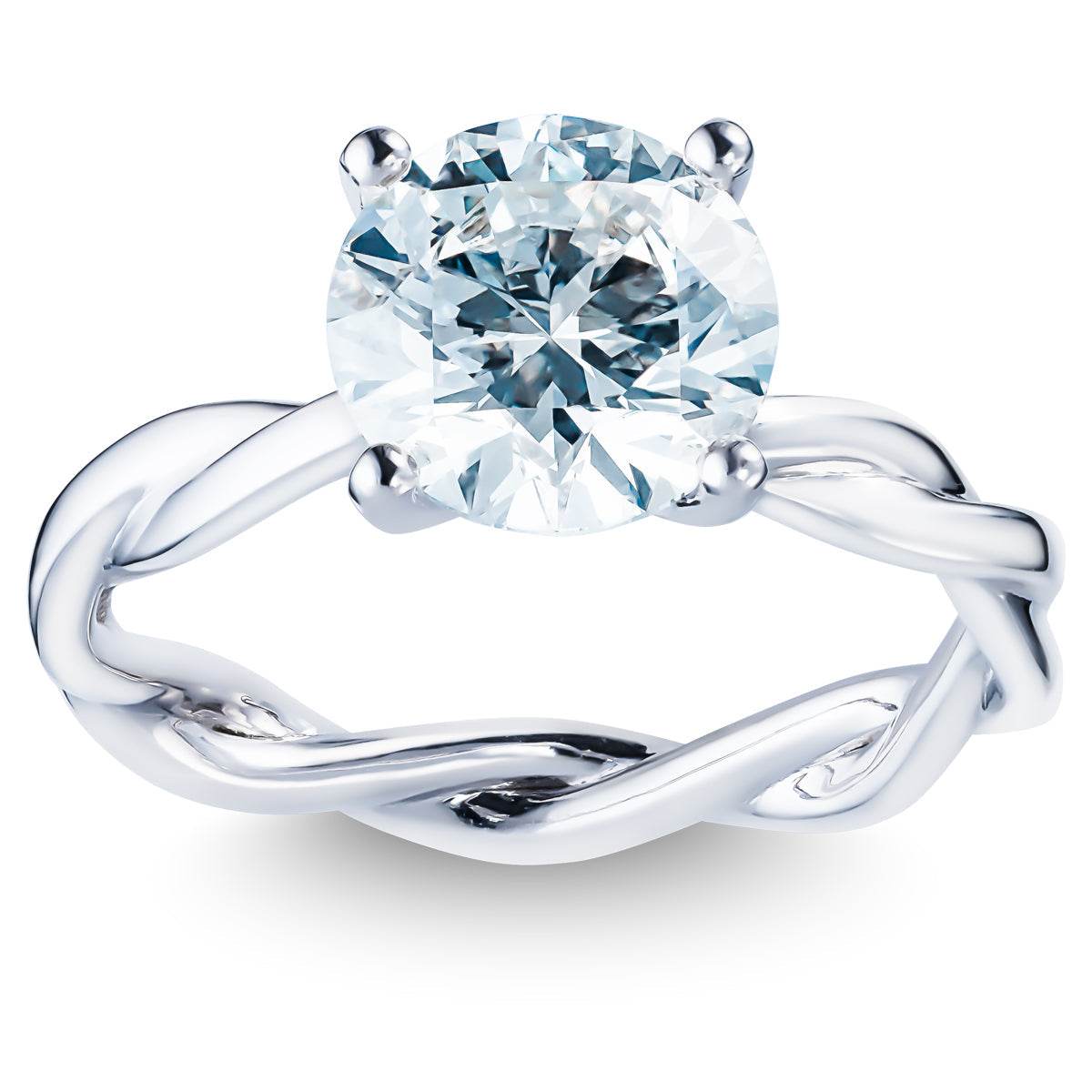 Introducing the Raffi&Co.® engagement ring: a stunning piece crafted from 14K white gold, featuring a large round brilliant lab diamond solitaire in a prong setting. The band showcases an elegant twisted design, enhancing the ring's overall shine and polish as the diamond sparkles beautifully in the light.