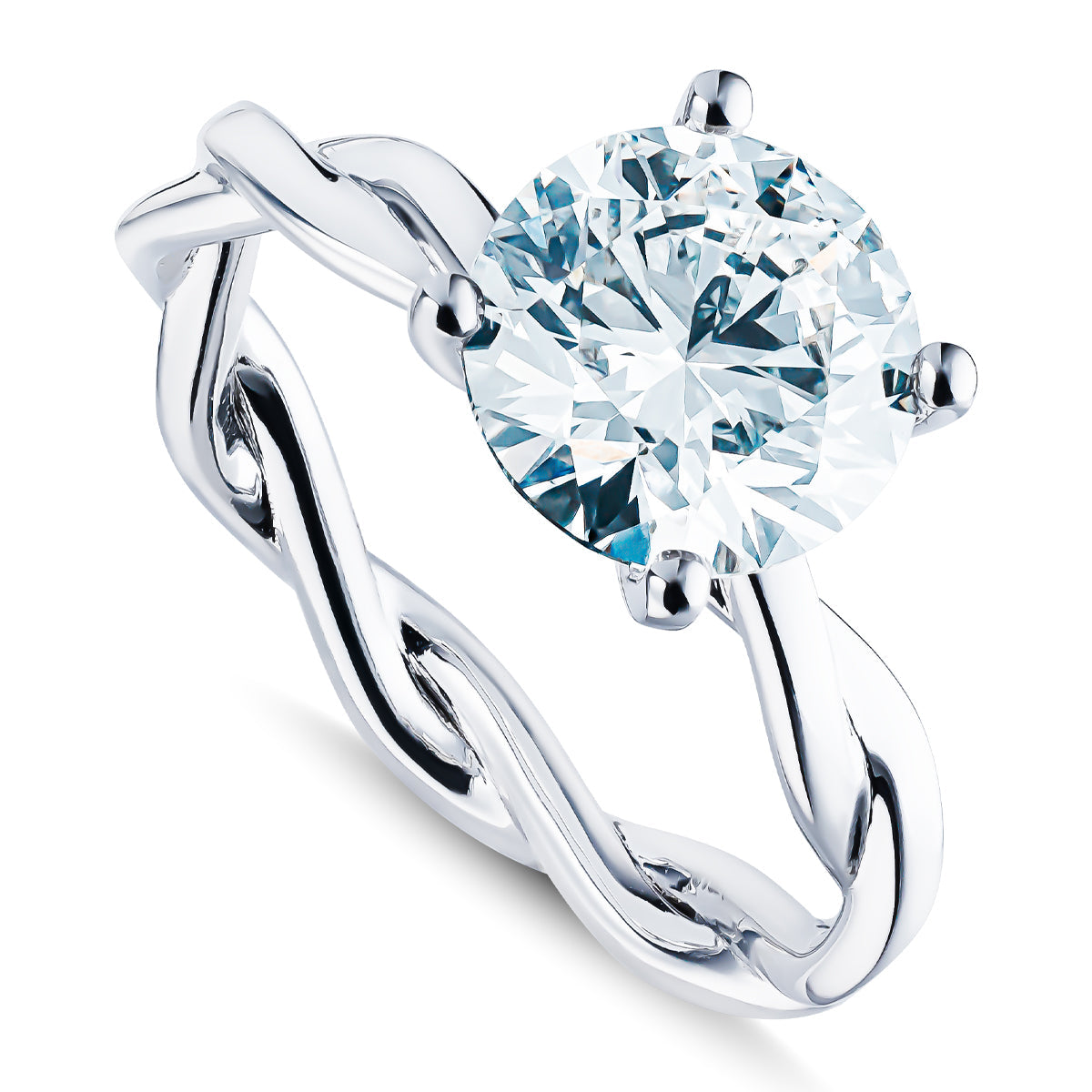 The Raffi&Co.® 14K White Gold Round Brilliant Lab Diamond Solitaire Engagement Ring features an elegant, twisting band design and is topped with a large, round, clear lab diamond.