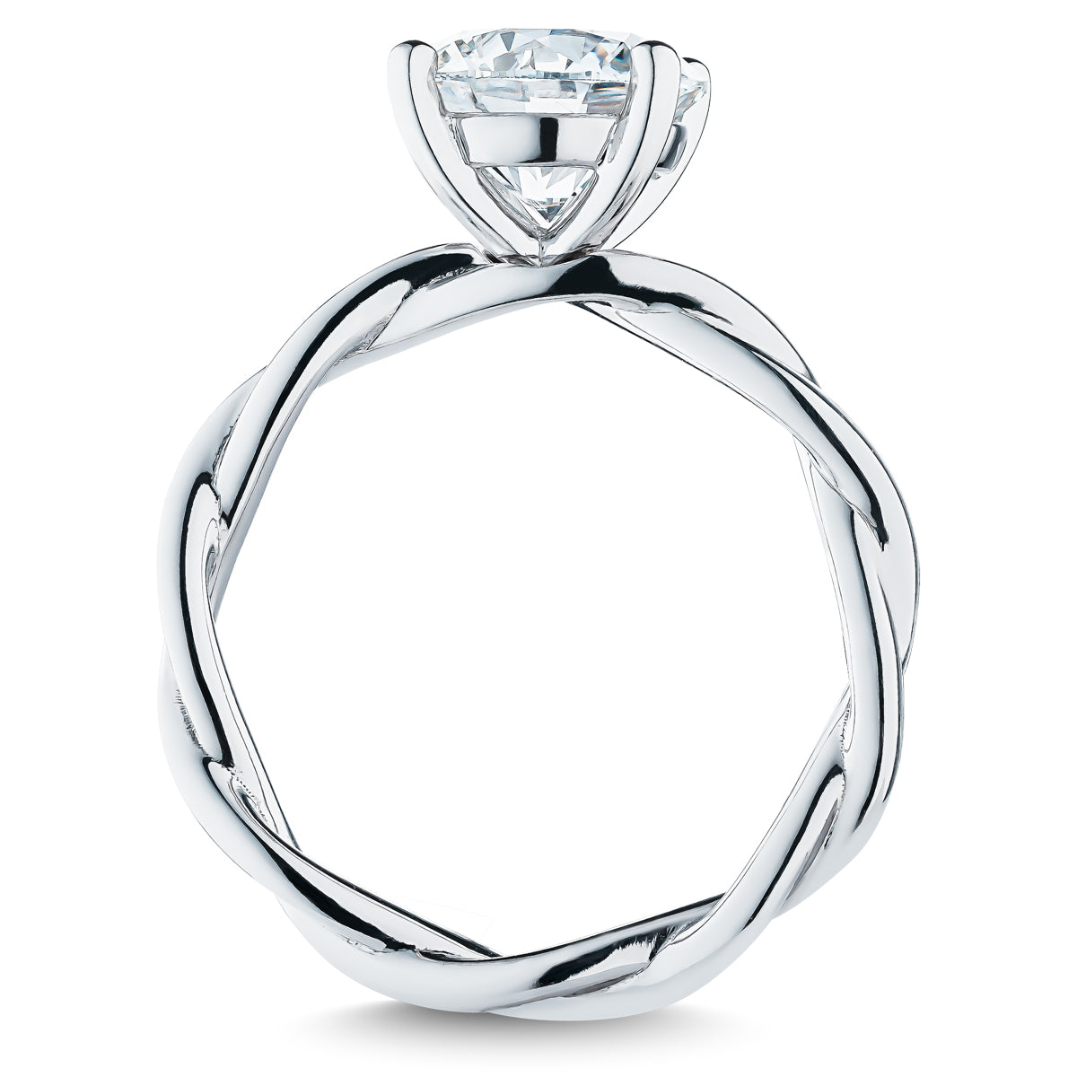 A Raffi&Co.® 14K White Gold Round Brilliant Lab Diamond Solitaire Engagement Ring featuring a single round diamond in a prong setting, with two elegantly intertwined strands in the band giving it an intricate appearance.