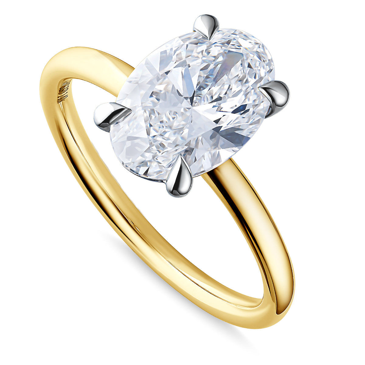 The Raffi&Co.® 14K Yellow Gold Oval Solitaire Lab Diamond Engagement Ring showcases a striking oval-cut lab diamond secured with four prongs, set against a sleek white background. The gem's brilliance enhances the refined elegance of the solitaire style's understated yet sophisticated design.