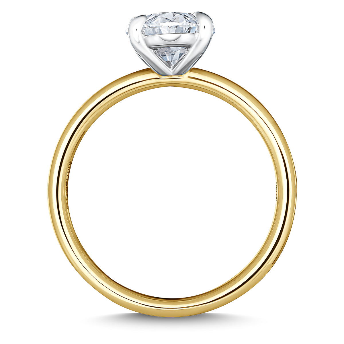 An elegant engagement ring from Raffi&Co, styled as a solitaire, showcases an oval lab diamond set in a shiny silver prong on a polished 14K yellow gold band, viewed from the side against a white background.