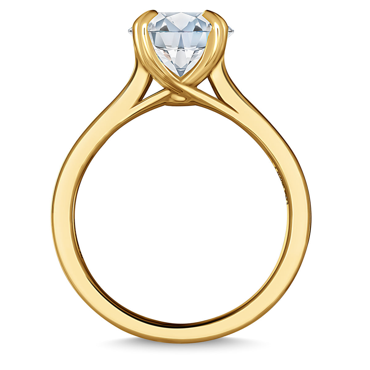 A 14K yellow gold engagement ring by Raffi&Co features an oval lab diamond set in a solitaire prong setting, showcasing an elegant crossover detail on the band.