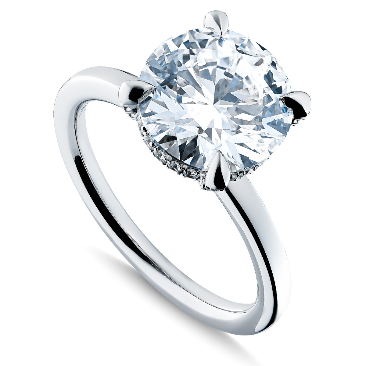 A Raffi&Co.® engagement ring in 14K white gold, showcasing a large, round brilliant lab diamond in a hidden halo design. The sleek and polished band enhances the sparkle of the central gemstone.