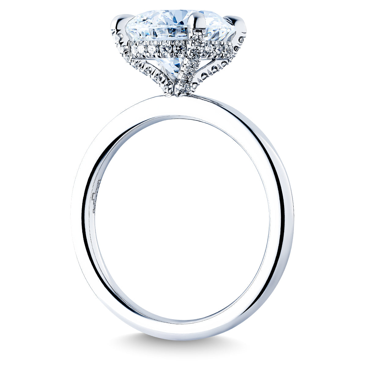 Displayed elegantly against a white background is the Raffi&Co.® 14K White Gold Round Brilliant Lab Diamond Hidden Halo Engagement Ring, featuring a refined band adorned with a stunning pear-shaped diamond surrounded by smaller diamonds.