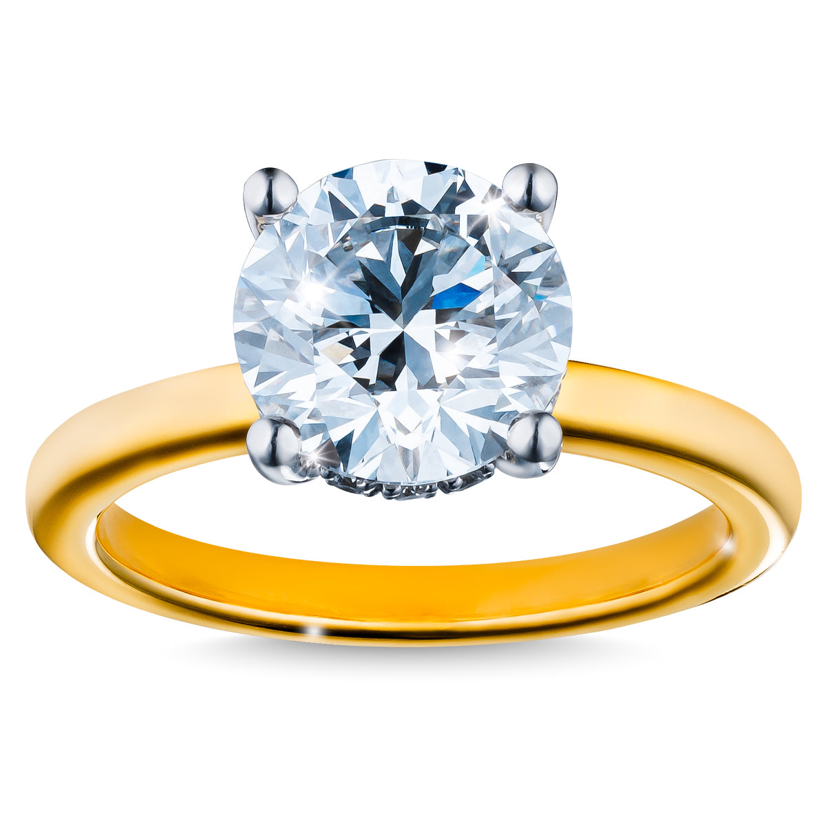 The Raffi&Co.® 14K Yellow Gold Round Brilliant Lab Diamond Solitaire Engagement Ring features a bright round diamond in a simple four-prong platinum setting, with a polished yellow gold band enhancing the diamond's brilliance.