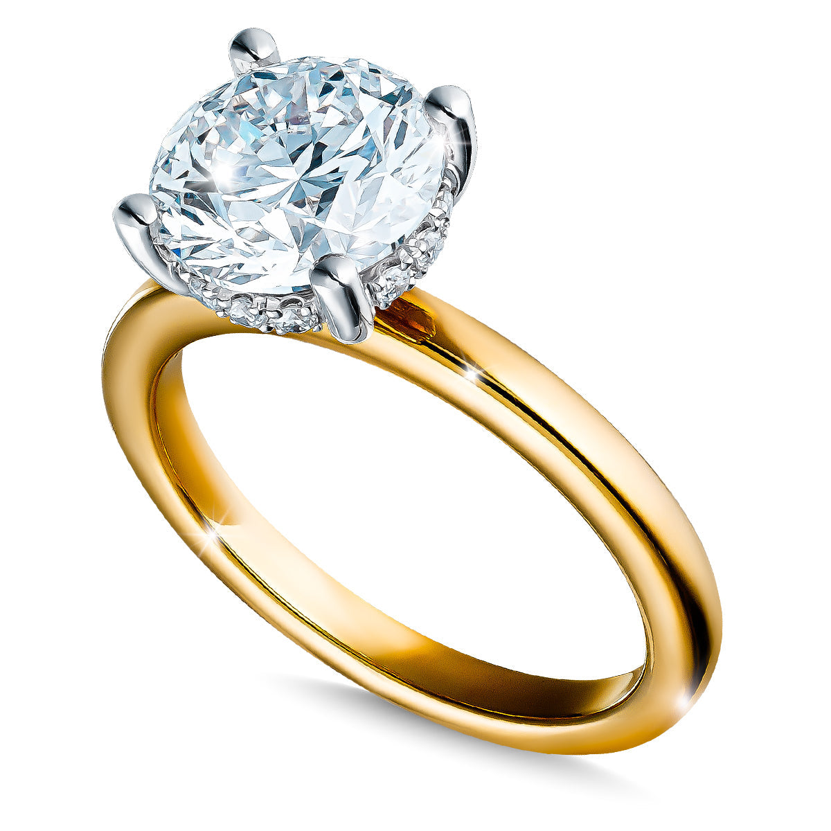 The Raffi&Co.® 14K Yellow Gold Round Brilliant Lab Diamond Solitaire Engagement Ring features a large round diamond in silver prongs, accented by smaller stones at the base, and boasts a smooth, shiny finish.