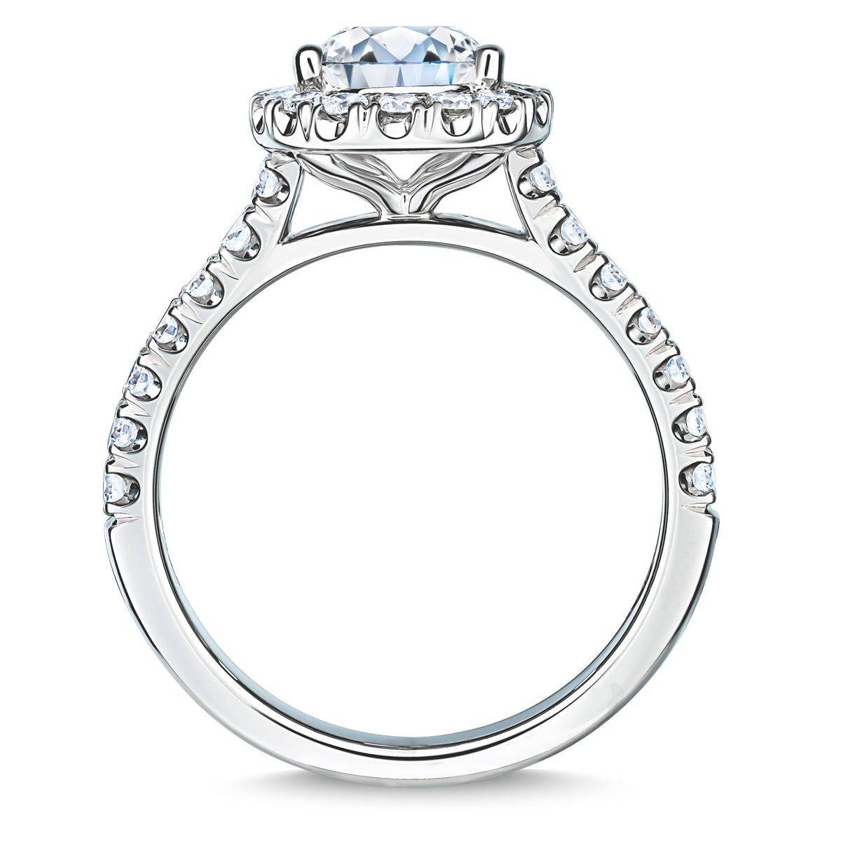 Product Data: A close-up of the Raffi&Co.® 14K White Gold Pear Halo Diamond Engagement Ring, featuring a stunning pear-shaped diamond at the center. The band is adorned with smaller diamonds that add intricate detailing. This GIA-certified piece from Raffi&Co showcases an elegantly sophisticated and classic style.