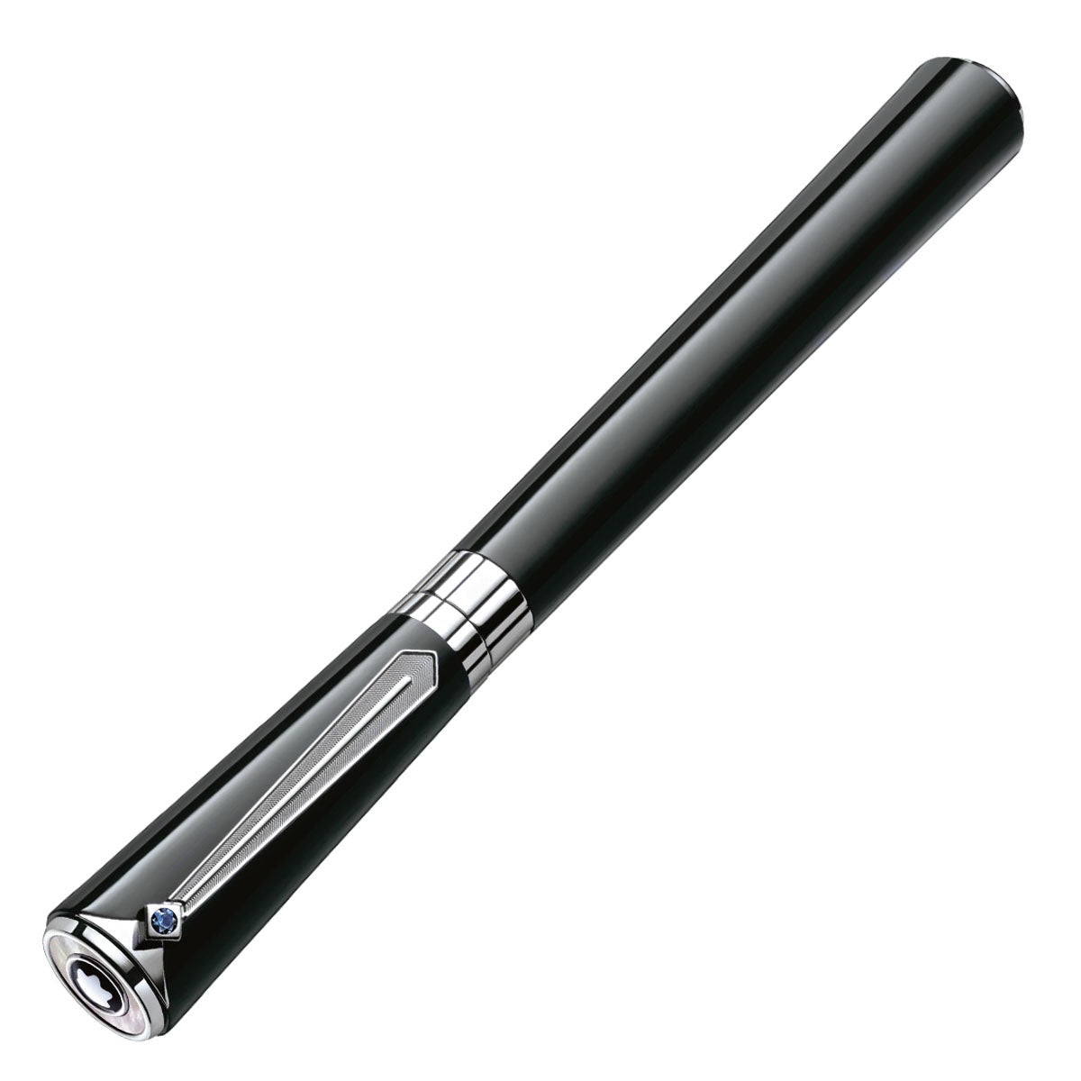 The Montblanc Muses Marlene Dietrich Fountain Pen presents a refined black body with a platinum-plated clip, adorned with silver accents and an ornamental detail at the cap's end. The pen is gracefully angled diagonally to highlight its smooth, glossy finish and sophisticated design, echoing Marlene Dietrich's classic elegance.