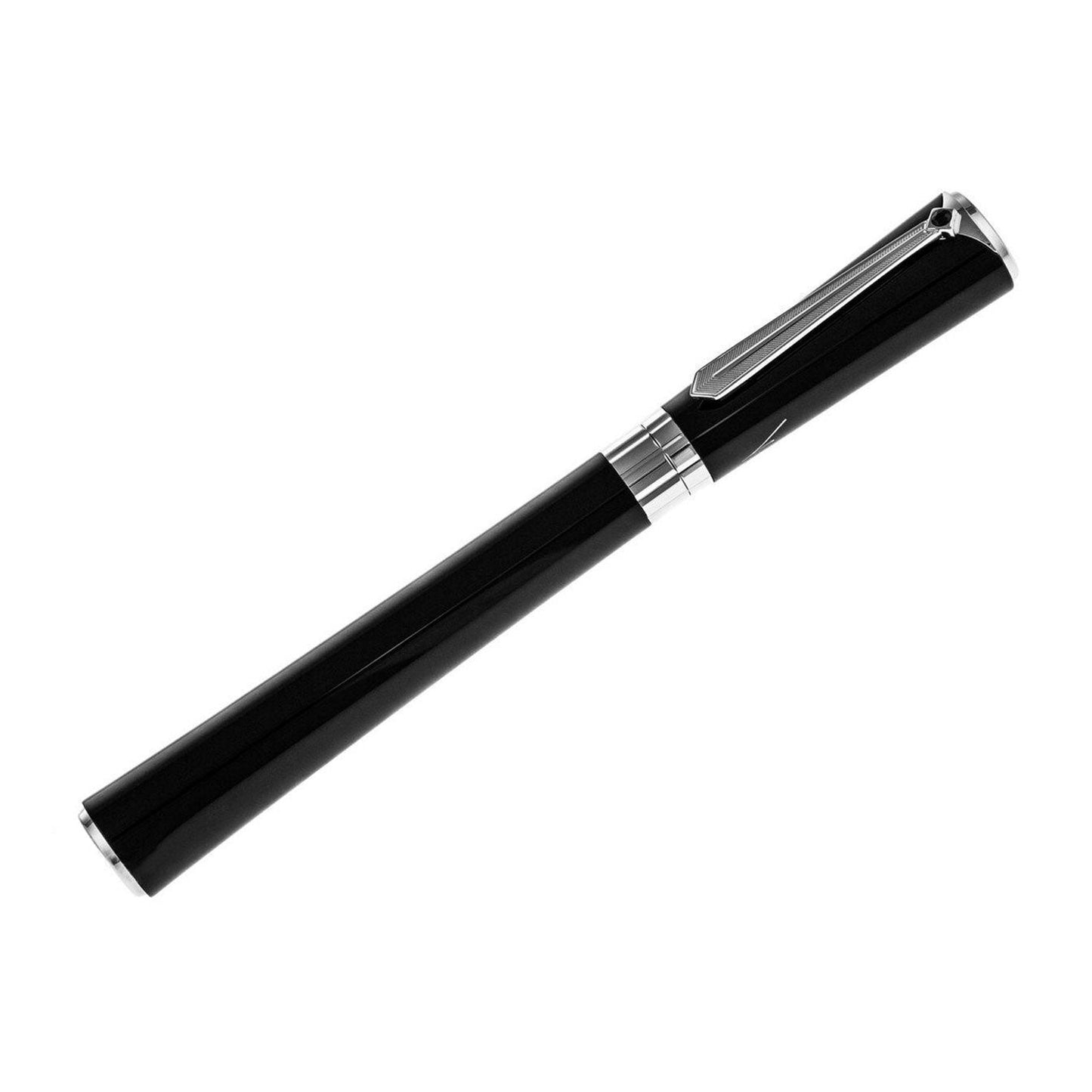 A Montblanc Muses Marlene Dietrich Fountain Pen, featuring a sleek black design with a platinum-plated clip and silver accents, is capped and lying horizontally against a plain white background.