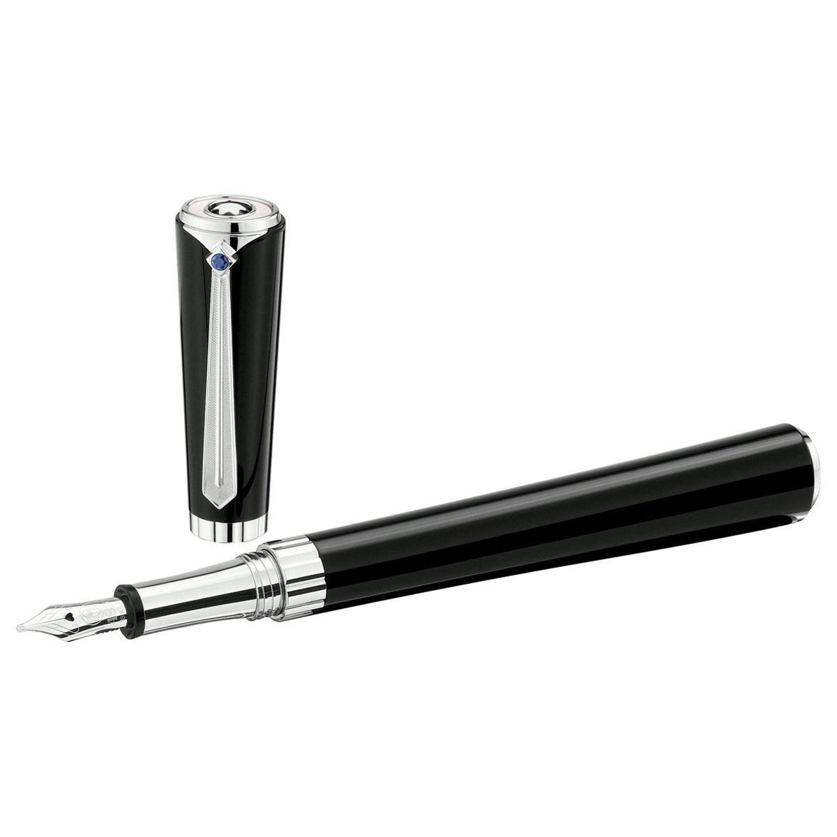 The Montblanc Muses Marlene Dietrich Fountain Pen is a sleek black writing instrument featuring a platinum-plated clip and a silver nib, embodying the timeless elegance of Marlene Dietrich. Its matching black cap, adorned with a blue gemstone accent, stands upright beside the pen, highlighting its sophisticated design.