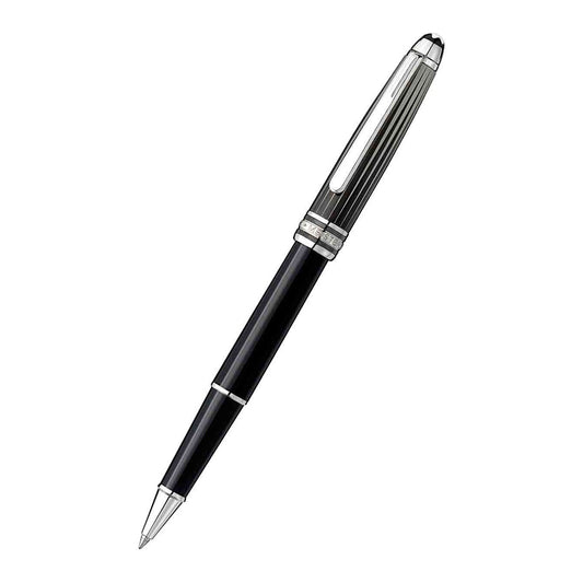Introducing the Montblanc Solitaire Meisterstuck Doue Black and White Rollerball Pen. This elegant pen combines a sleek black and silver design with a polished finish, showcasing a distinctive striped pattern on the cap. Its platinum-plated clip stands out against the plain white background, adding to its sophisticated appeal.