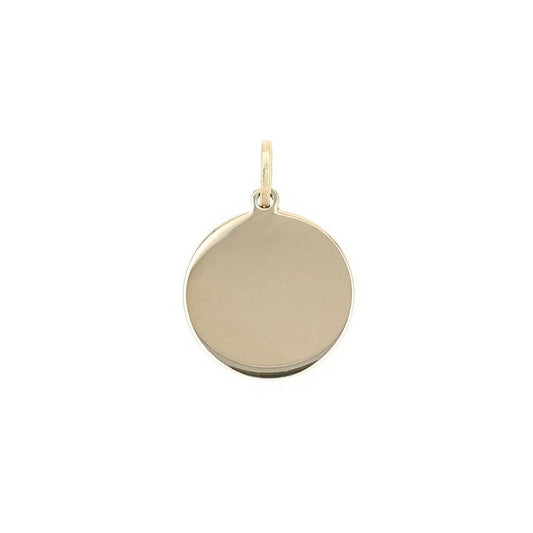 The Raffi&Co.® 18K Yellow Gold Engravable Pendant, showcased on a simple white background, exhibits a gold, round design with a smooth and shiny surface. This pendant by Raffi&Co includes a small loop at the top for easy attachment to a chain or necklace, offering a distinctive style that makes it truly stand out.