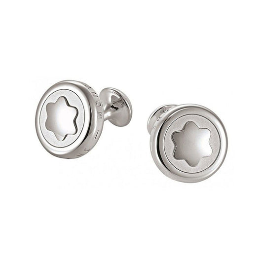 The Montblanc Creative Platinum Plated Cufflinks, featuring the iconic Montblanc star logo in the center and a sleek polished metallic finish, are presented against a plain white background.
