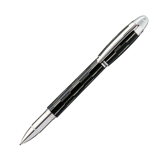 The Montblanc Starwalker Mystery Fineliner Rollerball Pen showcases a sleek, modern design with vertical lines on its silver and black body and a polished cap. As part of the prestigious Montblanc StarWalker collection, this pen stands elegantly on a white background.