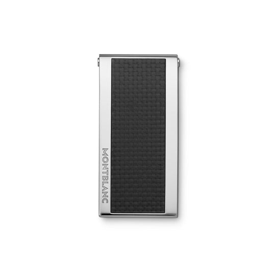 This Montblanc Money Clip boasts a modern silver metallic finish and is distinguished by a textured black steel carbon inlay at its center.